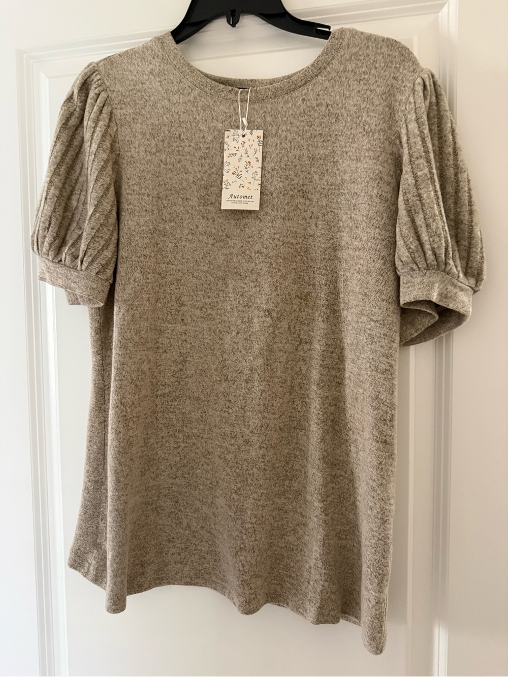 Women's Puff Sleeve Knit Top in Heather Taupe